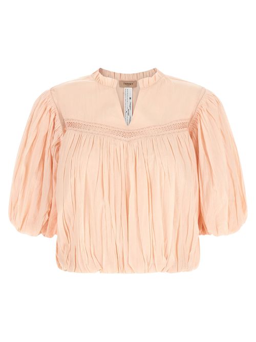 Crinkled Cotton with Lace Insert Blouse — Peach