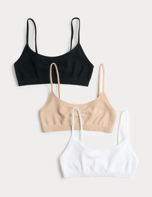 M&S 3 Pack Seamless Non Wired Micro Crop Tops - Extra Small - Black Mix, Black Mix