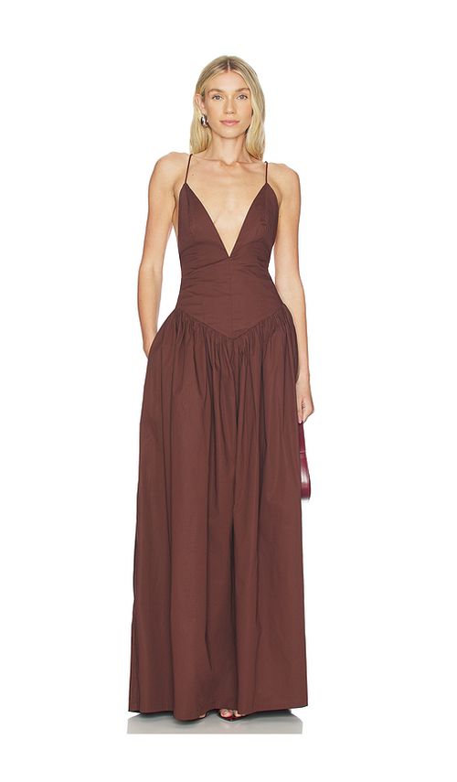 ADRIANA DEGREAS Opulence Deep-V Maxi Dress in Brown. - L also in M