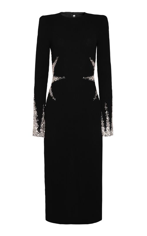 Crystal Embellished Crepe Long Sleeve Midi Dress - Moda Operandi