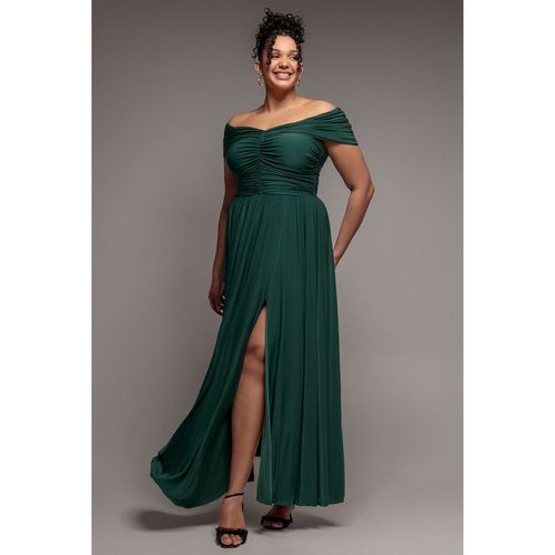Gathered Bardot Bodice Front Split Maxi Dress - Emerald Green by Goddiva Plu
