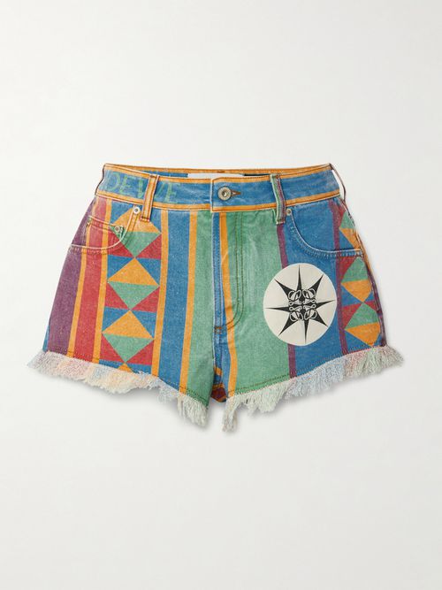 + Paula's Ibiza Frayed Printed Denim Shorts - Green