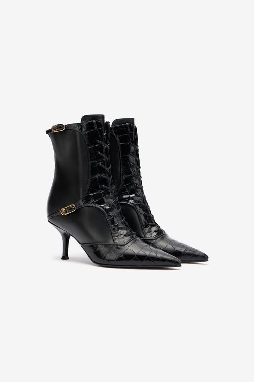 Crocodile-effect Lace-up Ankle Boots