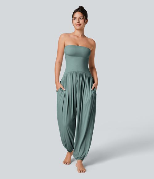 Ribbed Tube Backless Side Pocket Casual Jumpsuit  - Clear Green