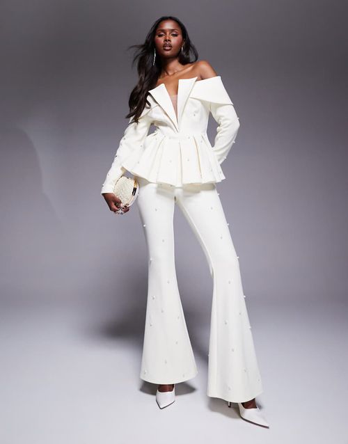 Tailored pants with pearl embellishment in cream - part of a set-White