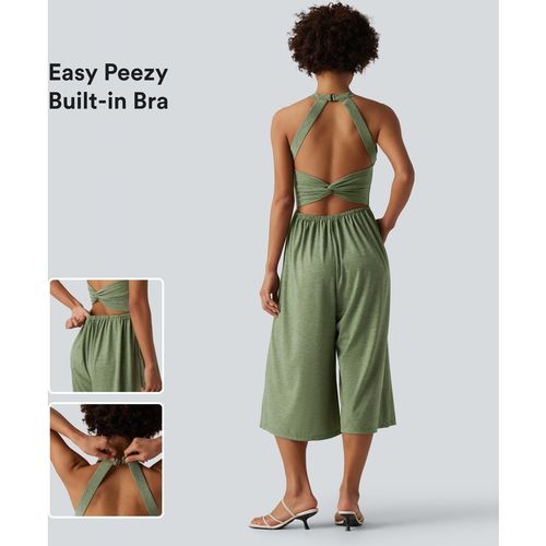 Halara Wide Leg Capri Casual Jumpsuit with Pockets-Easy Peezy Edition - Light Green Floral Yarn - XLregular
