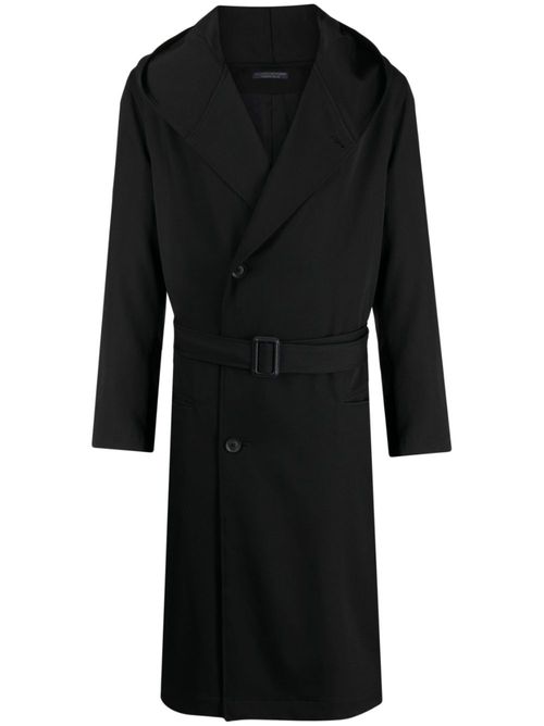 Belted hooded wool trench coat - Black