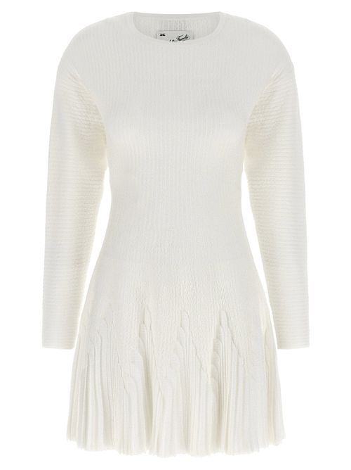 Ribbed Knit Pleated Dress — White