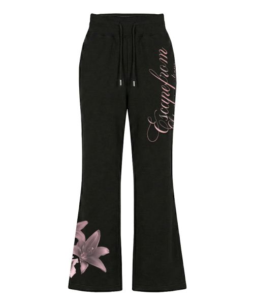 Flower Lettering Print Bootcut Sweatpants Black