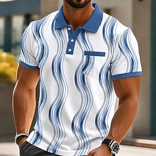 Men's Geometic Line Polo Shirts Short Sleeve Polo Shirts Collared Shirts Business Casual Outdoor Athleisure Daily Wear 3D Print Buttons Breathable Mesh Spring