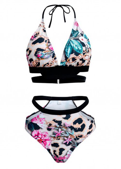 Modlily Floral Print Halter Leopard Bikini Set
