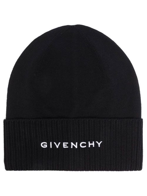 Black Embroidered Logo Wool Beanie Hat - Women's - Wool