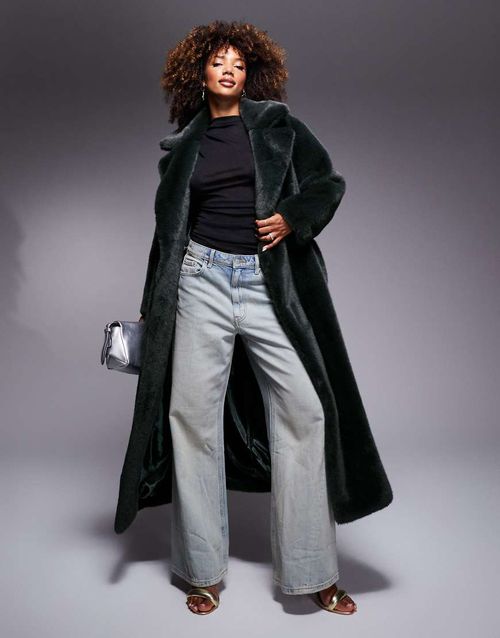 ASOS DESIGN longline belted faux fur coat in forest green