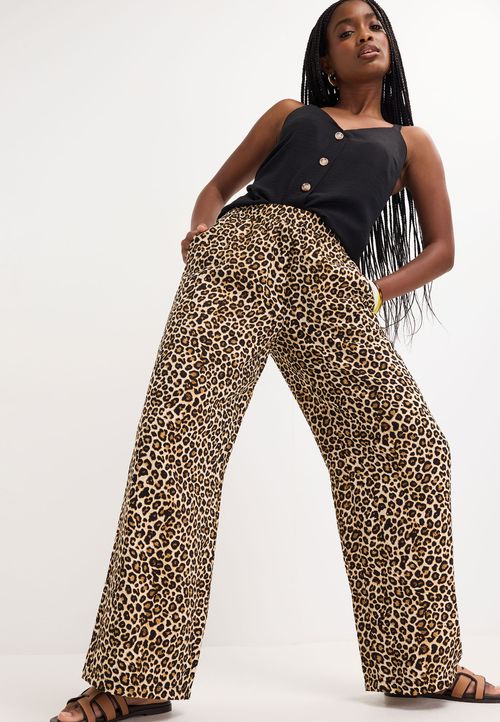 Womens Brown Leopard Airflow Wide Leg Trousers