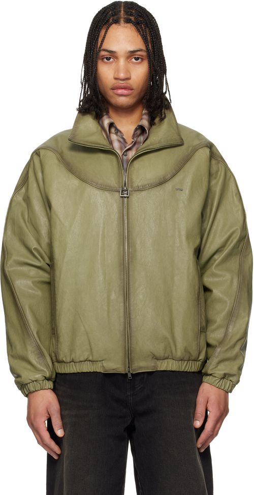 Khaki High Neck Leather Jacket