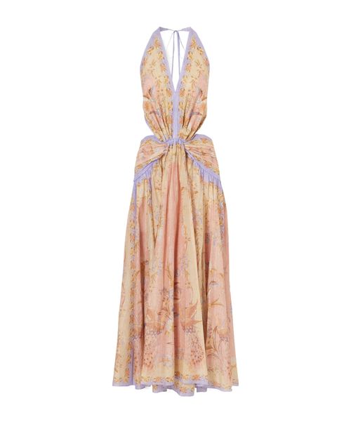 Pink and lilac bird-print halter-neck maxi dress