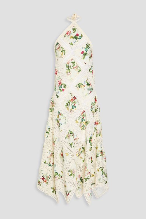 Oscar de la Renta - Floral-print cotton-poplin and crochet halterneck midi dress - White - L
