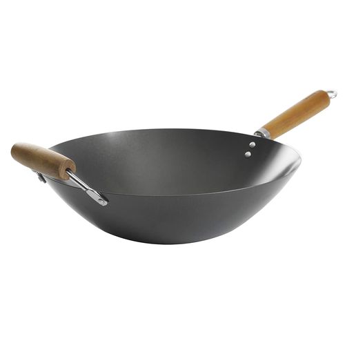 Hammond 14 Inch Flat Bottom Carbon Steel Wok in Black with Wooden Handles
