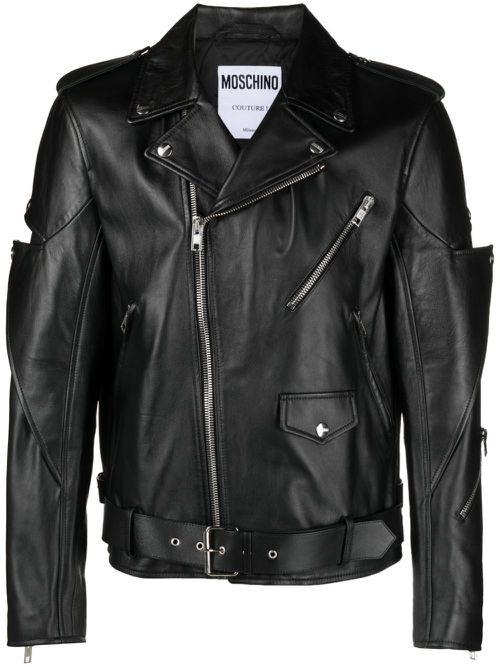 Decorative-lapels nappa-leather biker jacket - Black
