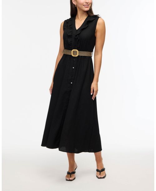 Women's Belted Sleeveless Maxi Dress with Ruffle Detail - Black