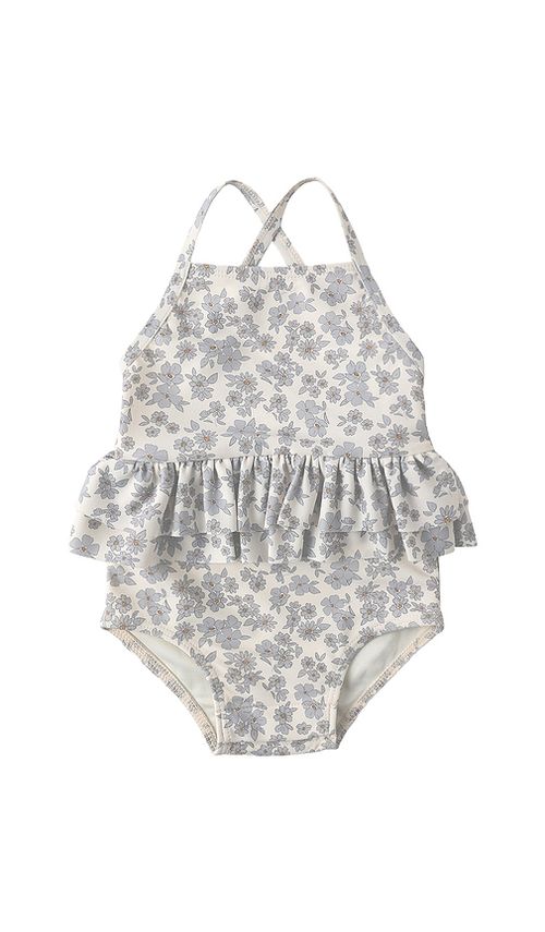 QUINCY MAE Ruffled One Piece Swimsuit in Blue Floral. 12-18M also