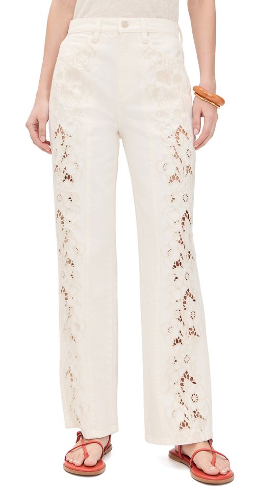 Sawyer Wide Leg Jeans Tonal Ecru Embroidered