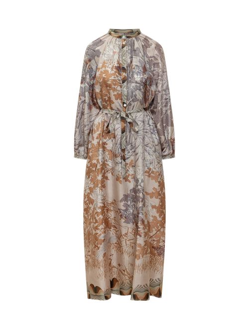 Beige Floral Mandarin Collar Maxi Dress