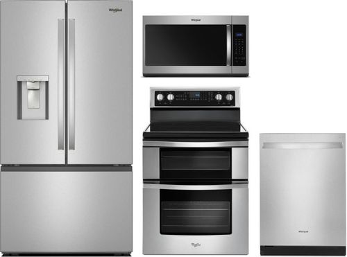 Whirlpool 4 Piece Kitchen Appliances Package with French Door Refrigerator, Electric Range, Dishwasher and Over the Range Microwave in Fingerprint Re