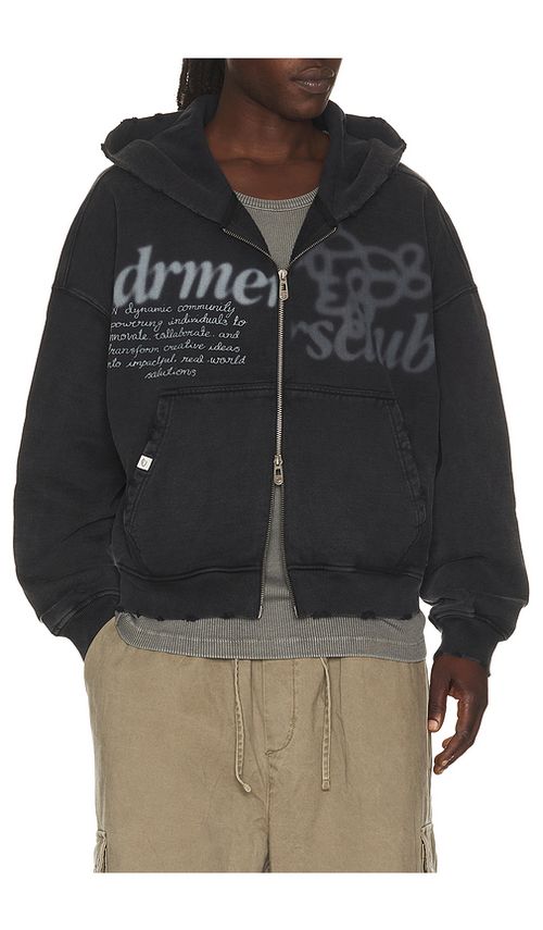 DRMERS CLUB Parallel Zip Up Hoodie in Washed Black. XL/1X also in S