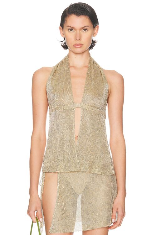 Ziah Metallic Rib Halter Top in Gold - Metallic Gold.  XS also in L