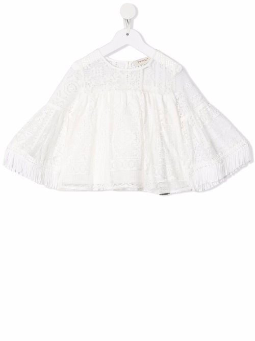 Embroidered frayed-edge tunic top - White
