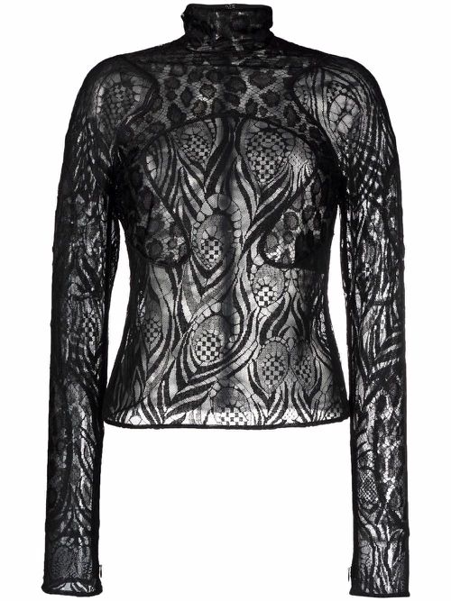 Sheer lace high-neck top - Black