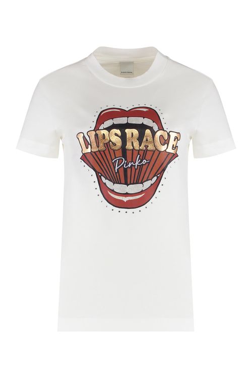 Cotton Crew-Neck T-Shirt with All-Over Rhinestone Front Print