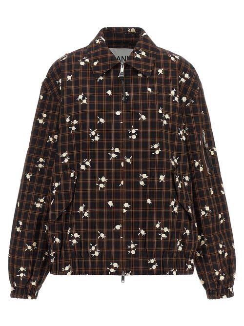Check Flower Embroidered Jacket — Brown