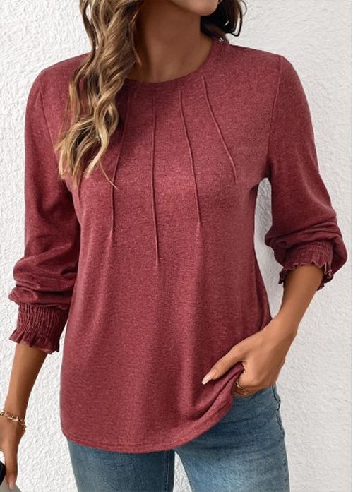 Modlily Brick Red Tuck Stitch Long Sleeve T Shirt