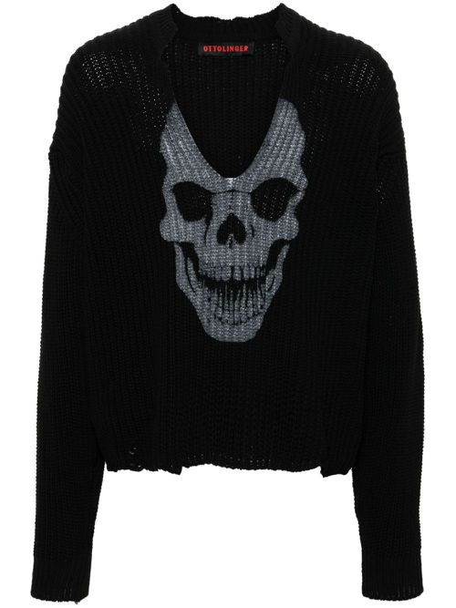 Skull-print V-neck jumper - Black