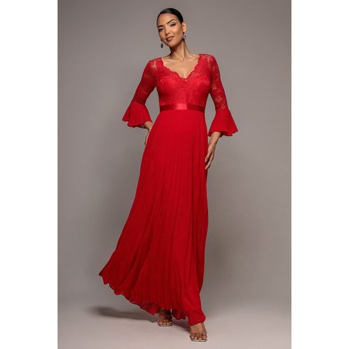 Goddiva Scalloped Lace Bodice Pleated Chiffon A Line Maxi Dress - Red