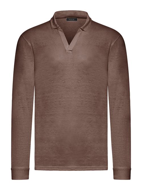 Long-sleeved linen polo shirt without buttons