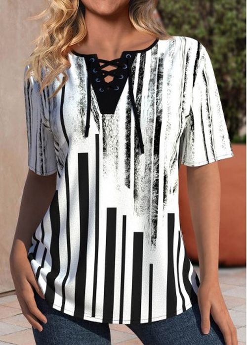 Modlily Black Lace Up Geometric Print Short Sleeve T Shirt