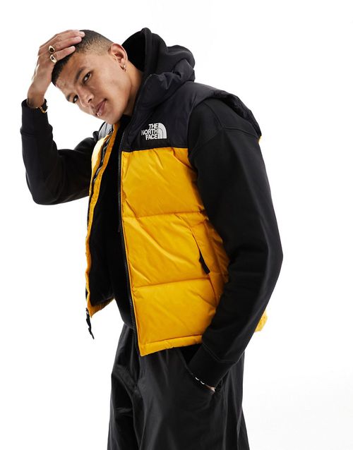 1996 Nuptse down puffer vest in black and yellow