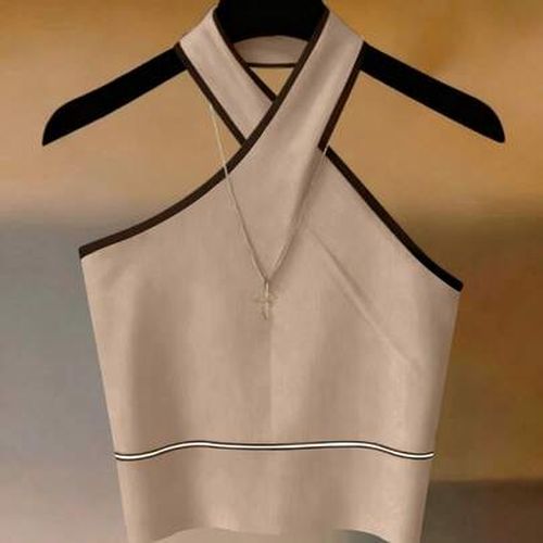 Women's Halter Neck Tank Top,Light Beige,Summer,Chic,Brunch White With Black Trim,Elegant Fashionable Everyday Wear,Beach Vacation,Office Casua