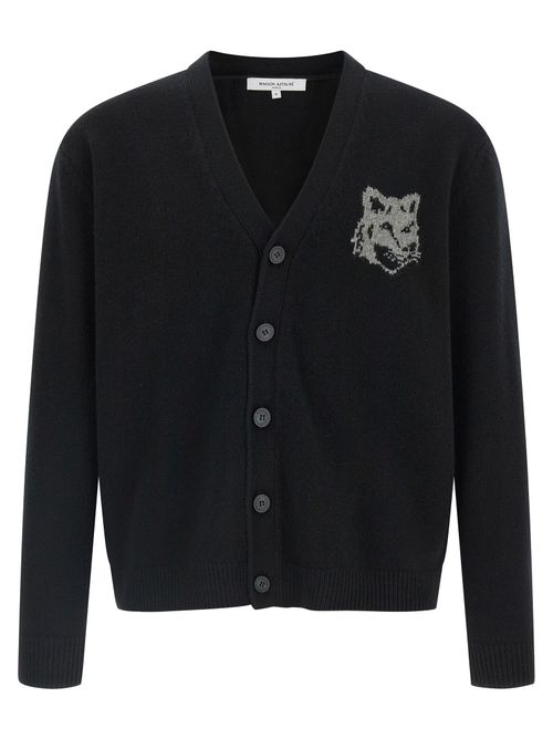 Fox Head Intarsia Merino Wool Cardigan — Black