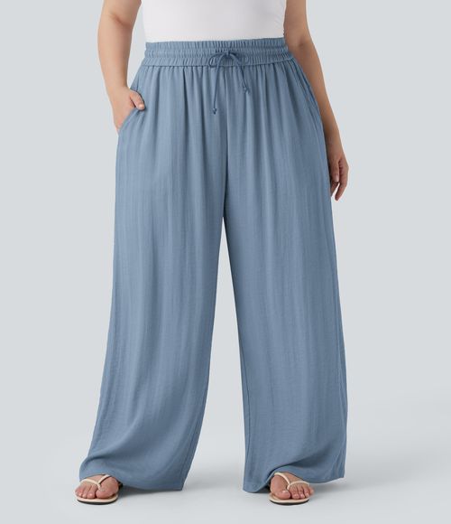 High Waisted Drawstring Linen-Feel Wide Leg Casual Plus Size Pants with Pockets  - Mountain Spring
