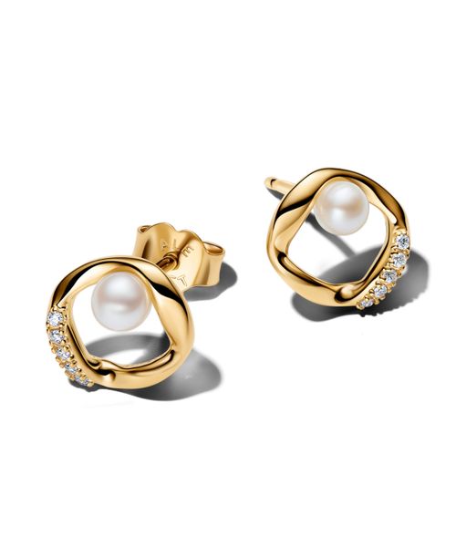 Pave Circle Treated Freshwater Cultured Imitation Pearl Stud Earrings - Gold Plated