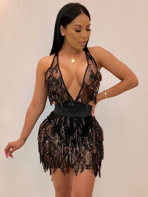 Club Dress For Women Black V-Neck Fringe Sleeveless Sexy Dre