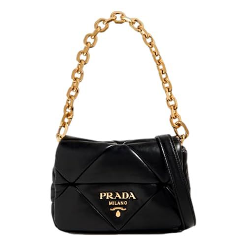 Prada Women's Gold Logo Black Quilted Nappa Patch Leather Small Shoulder Bag 1BD392