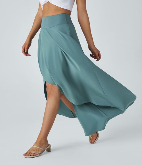 Breezeful™ High Waisted High Low Ruffle 2-in-1 Flowy Quick Dry Casual Regular Maxi Skirt  - Stone Blue