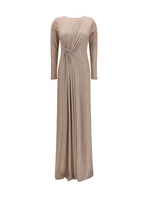 Crystal-Detail Chiffon Dress — Beige