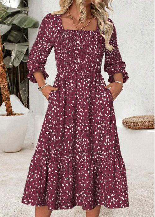 Modlily Dark Reddish Purple Tummy Coverage Leopard 3/4 Sleeve Dre