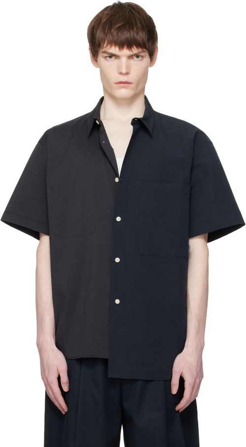 Navy Split Short Sleeve Seersucker Shirt